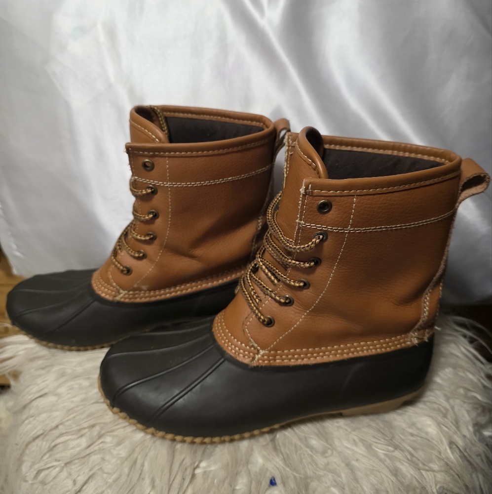 Brown and Black Leather Lace-Up Rain Boots Duck Boots